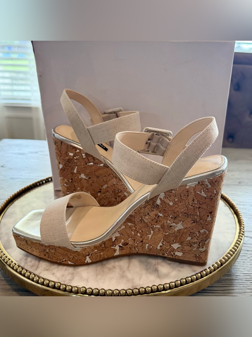 Nine West Courts 7 Nude Cork Wedge Sandals | Sz. 9 (NWB)